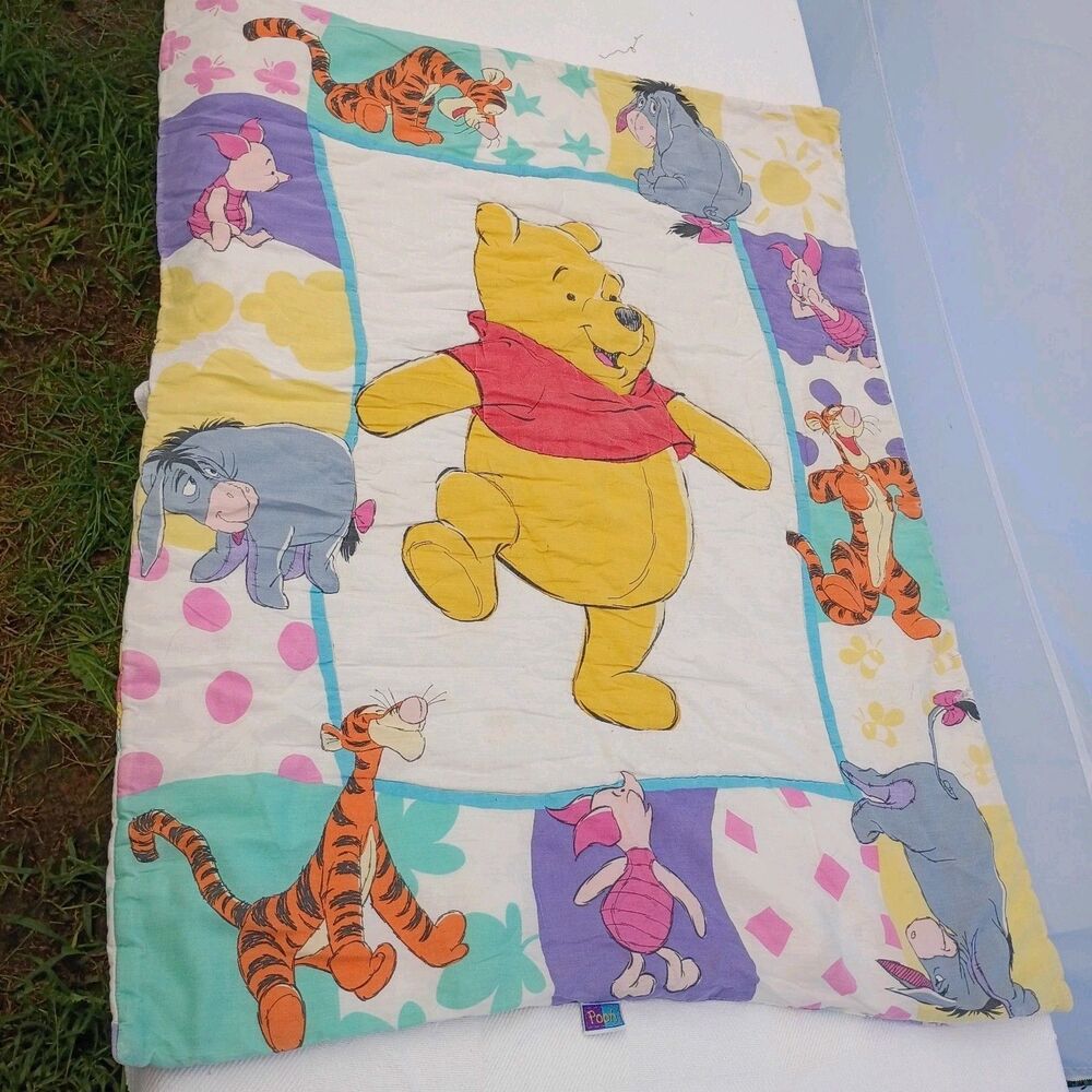 90’s VTG 1997 Disney Winnie The Pooh Quilt Crib Blanket Patchwork Reversible
